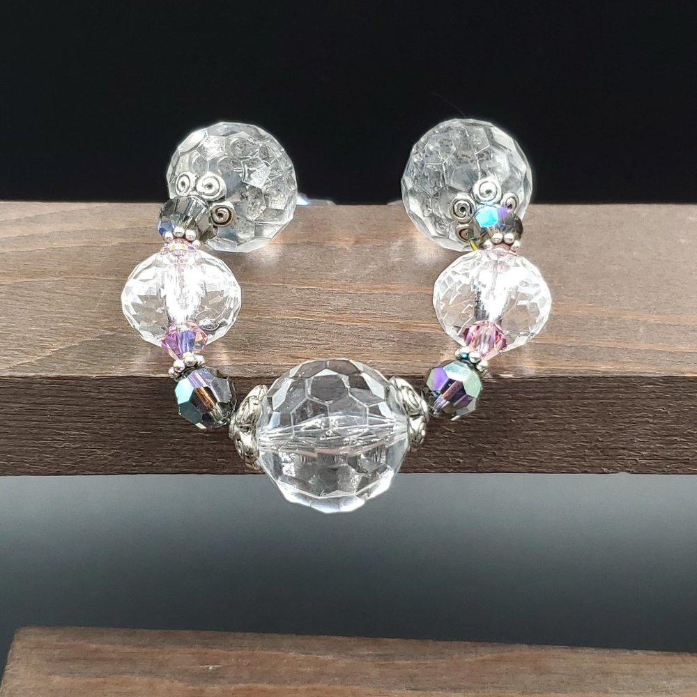 9 Inch Sterling Silver Worn Chunky Clear Crystals Bracelet